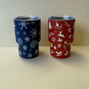 2 Festive Holiday Red and Blue 2023 Mini Espresso Sized Insulated Tumblers